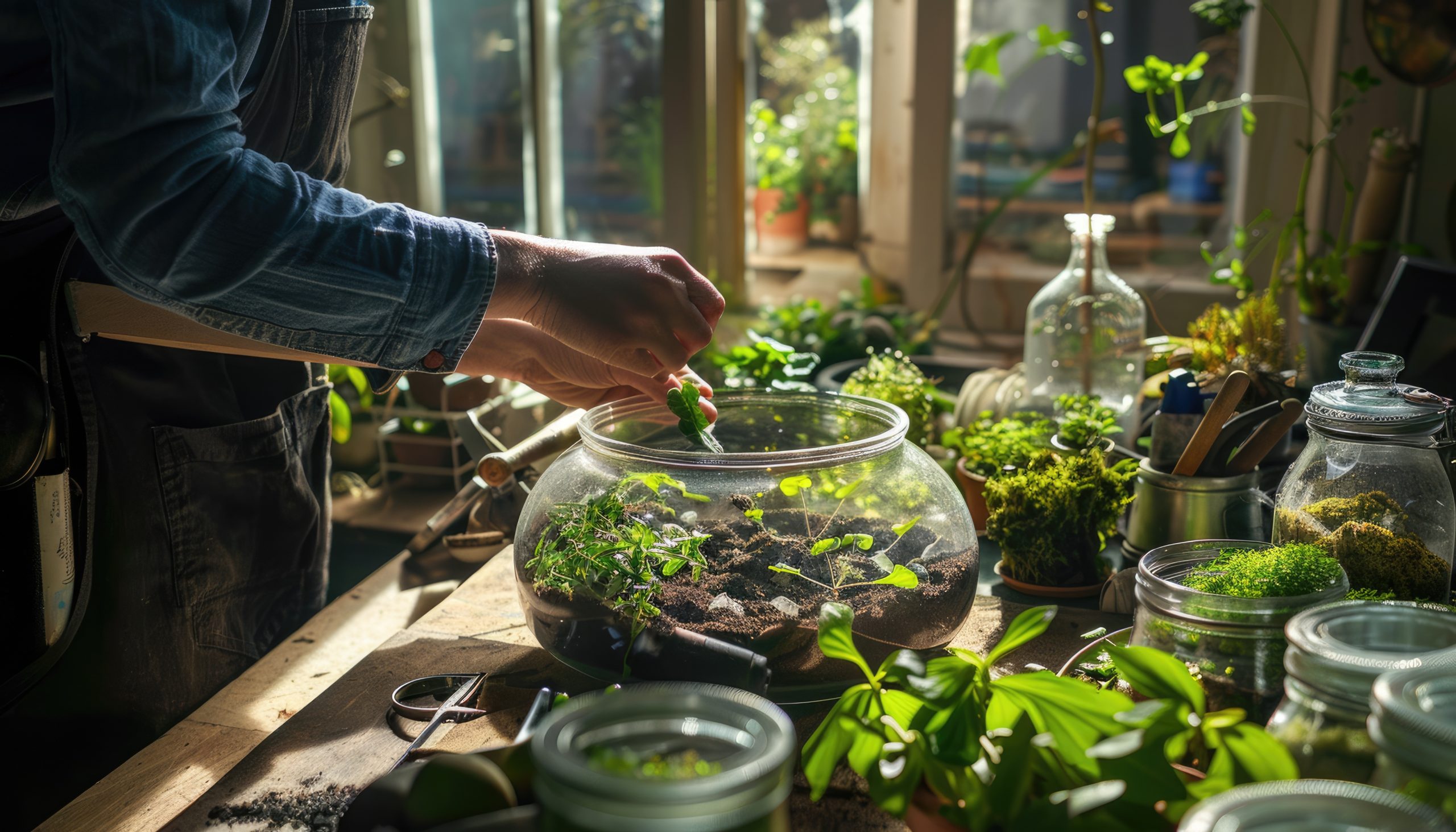 Picture about artist is using hands planting seeds into a glass jar making terrarium set in natural view green color indoor. Skillful farmer put mini object to garden, express joy of gardening. AIG61.